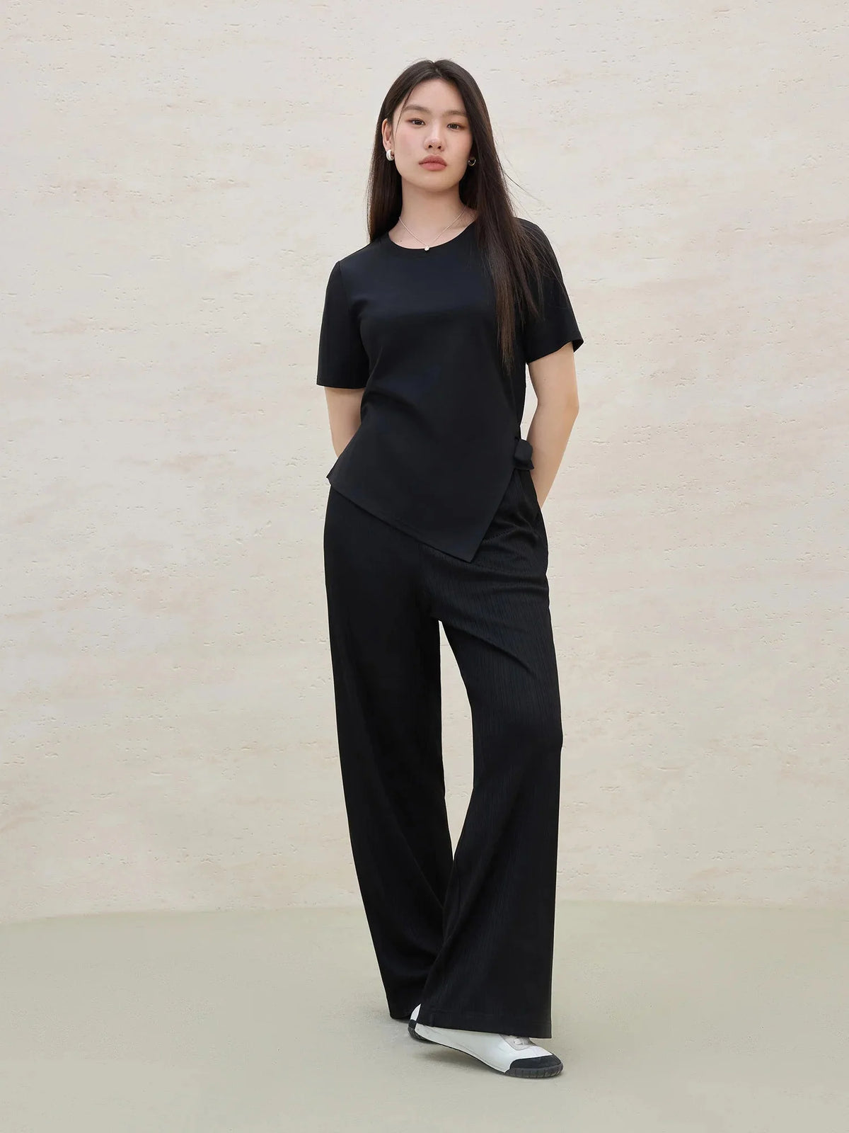 Black Wide-Leg Stretch Pants Casual Chic Trousers