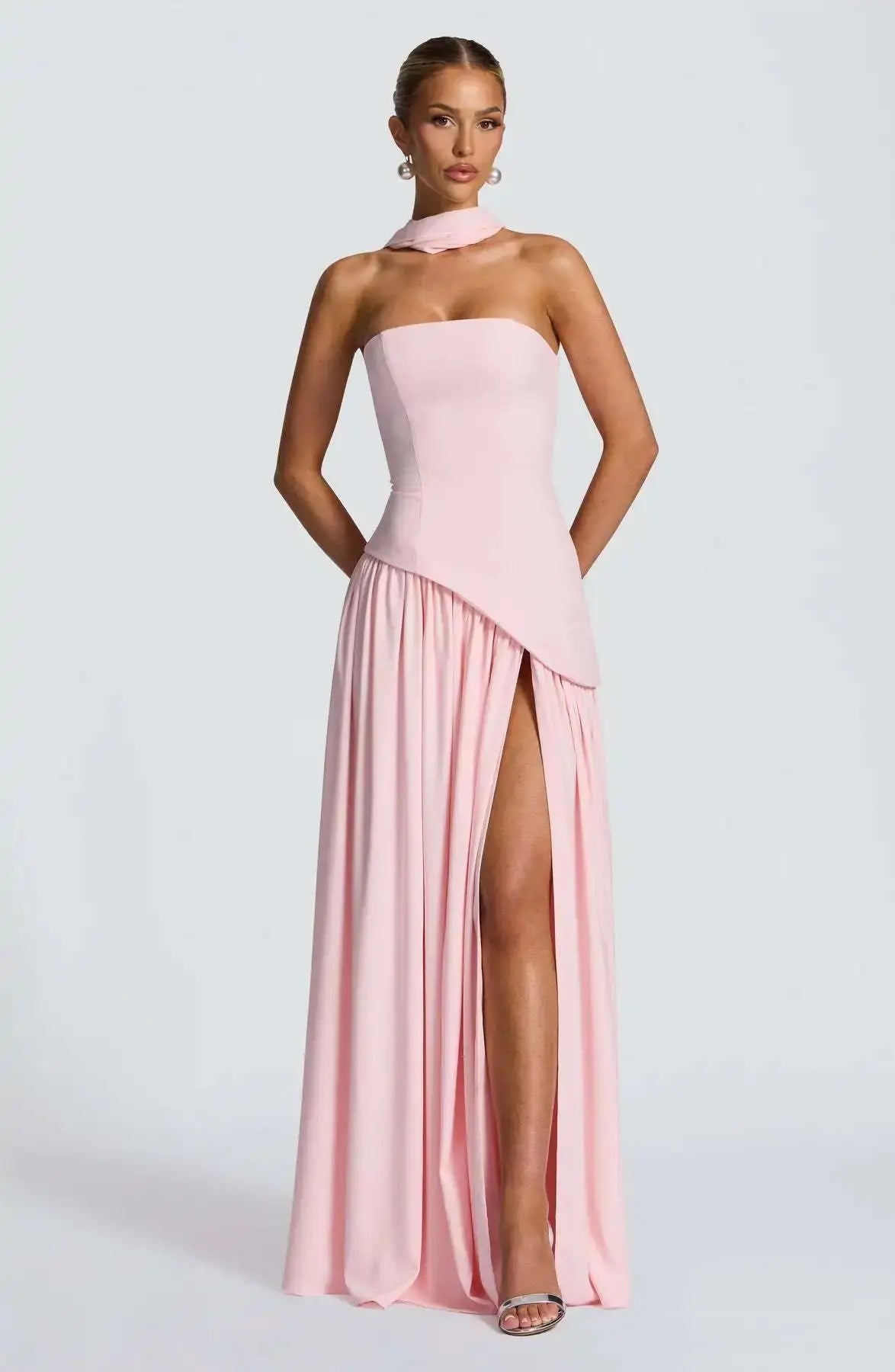 Sleek Solid Tube Top Maxi Dress with High Slit