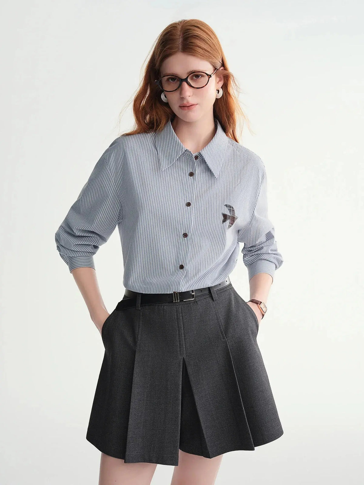 Plus-Size Birds Appliqué Checkered Stripe Shirt