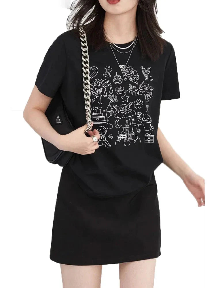 Women’s Printed O-Neck T-Shirt Slim Fit Summer Cotton Tee