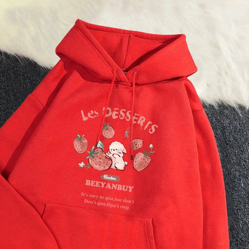 Adorable Rabbit & Strawberry Print Women's Hoodie for Cozy Days
