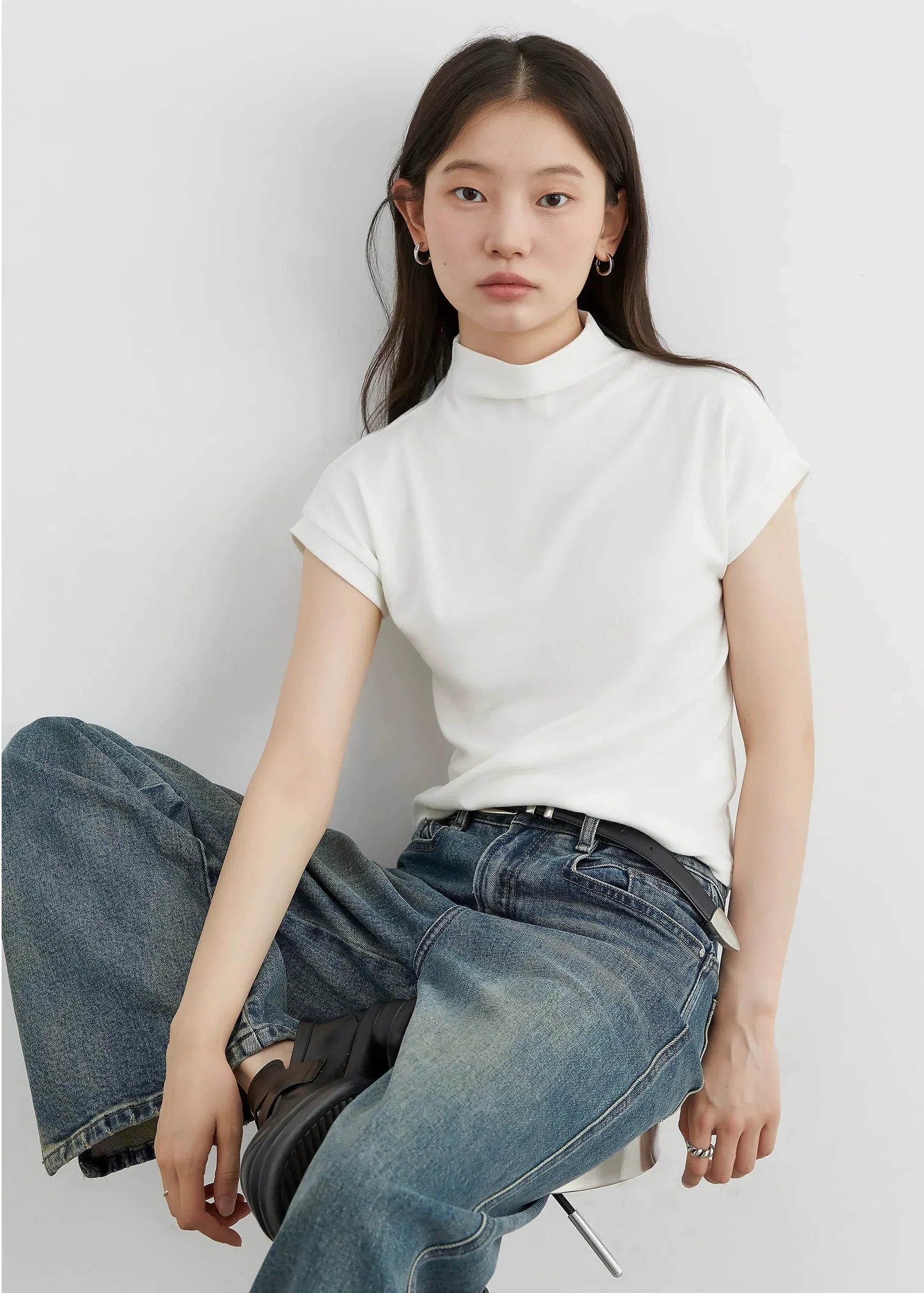 Slim Fit Half High Neck T-Shirt Elastic Basic Tee