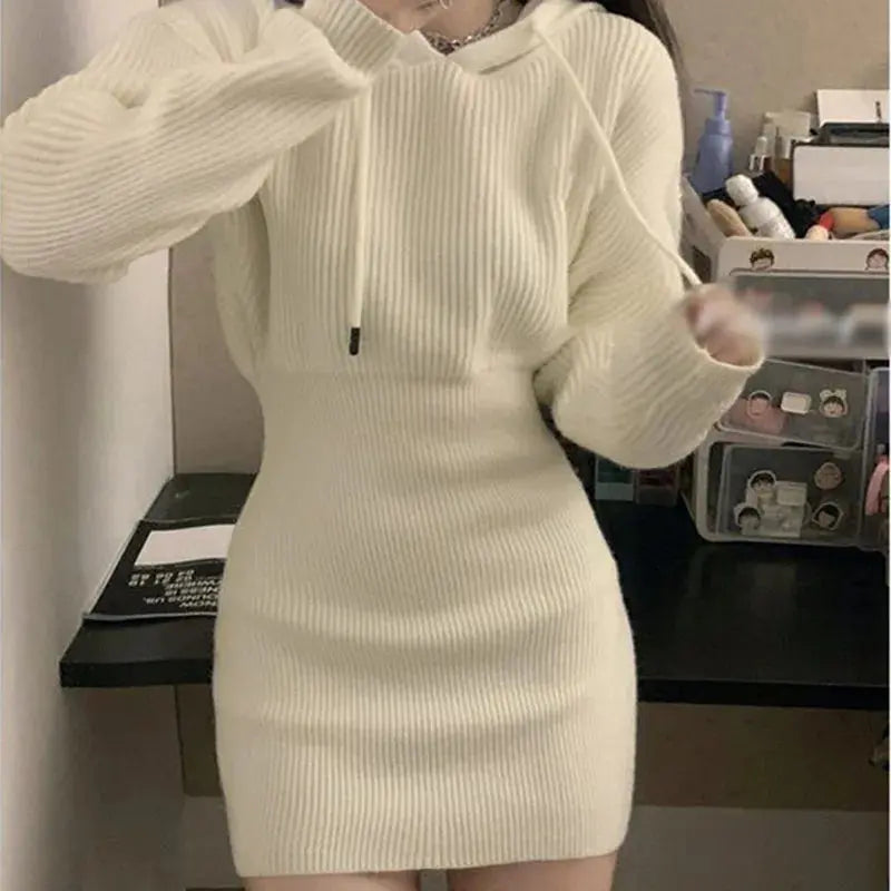 Chic High-Waist Bandage Knit Dress with Hood