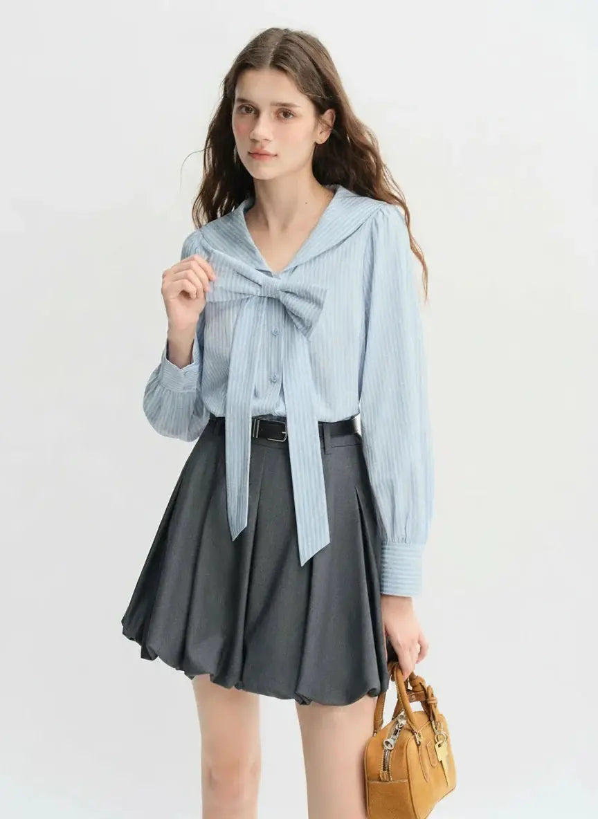 Plus Size Navy Striped Shirt with Collar & Bow Detail
