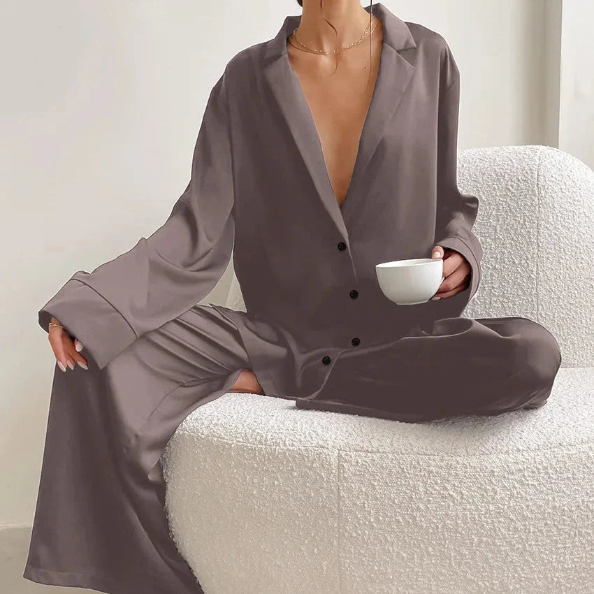 Oversized Satin Silk Pajama Set: Long Sleeve & Wide Leg Pants