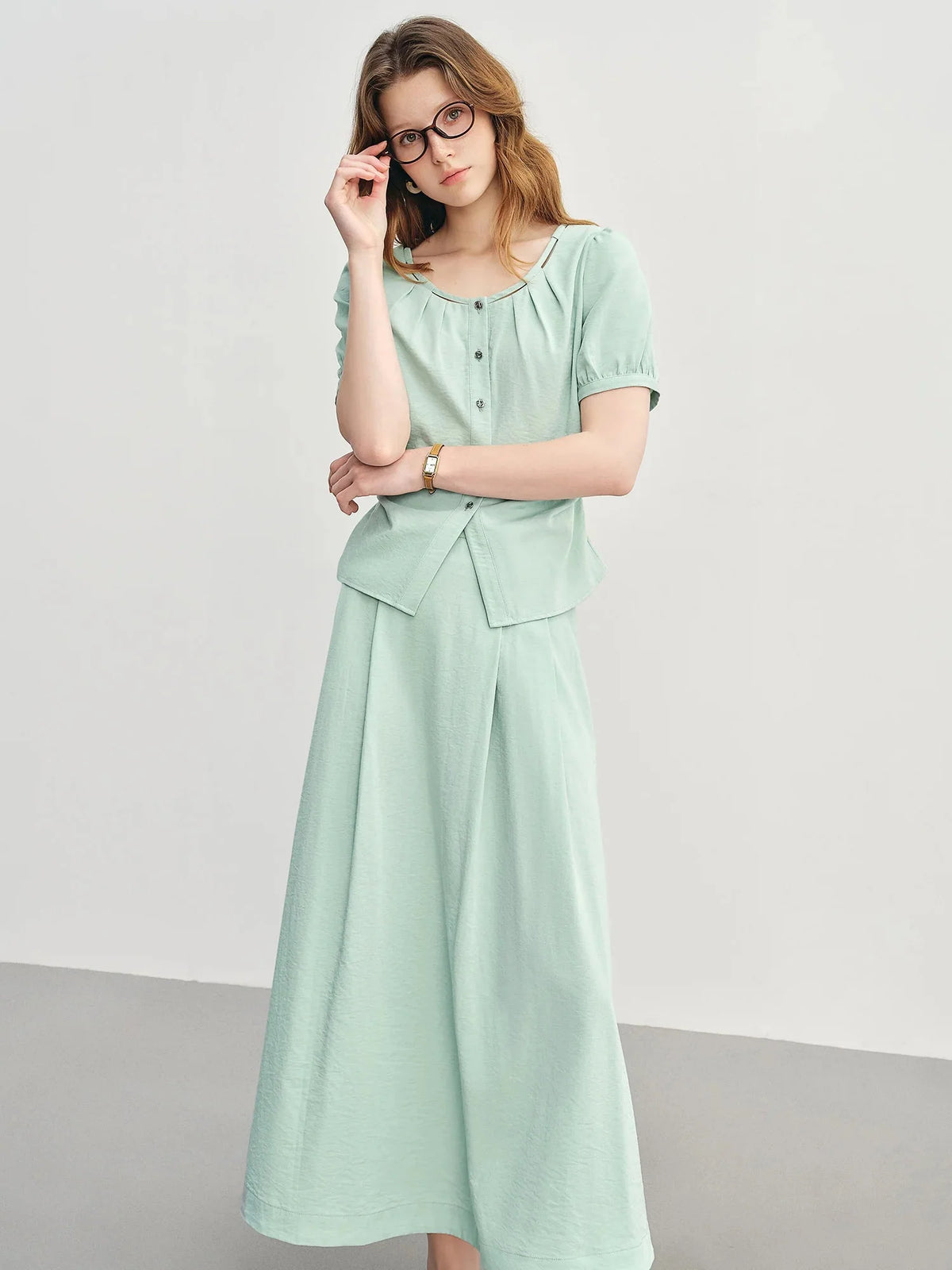 Summer Commuter Suit Pleated Shirt & Slim Skirt Set