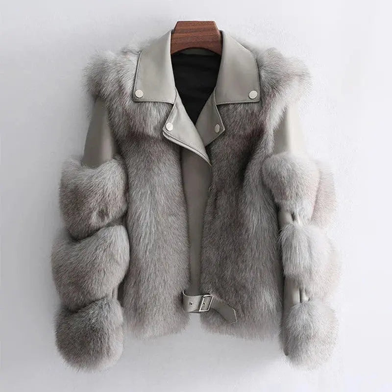 Faux Fur Jacket Patchwork Long Sleeve Pu Leather Fluffy