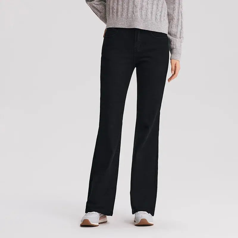 Women's High-Waist Flared Jeans Long Fleece Trousers