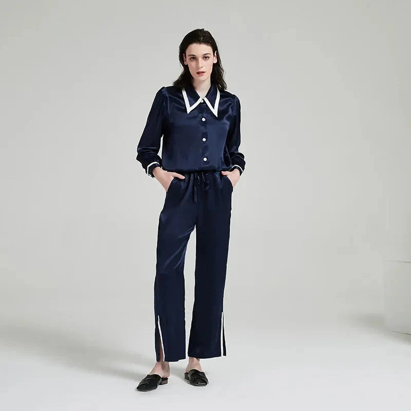 Contrast Silk Pajama Set Long-Sleeve Women's Sleepwear
