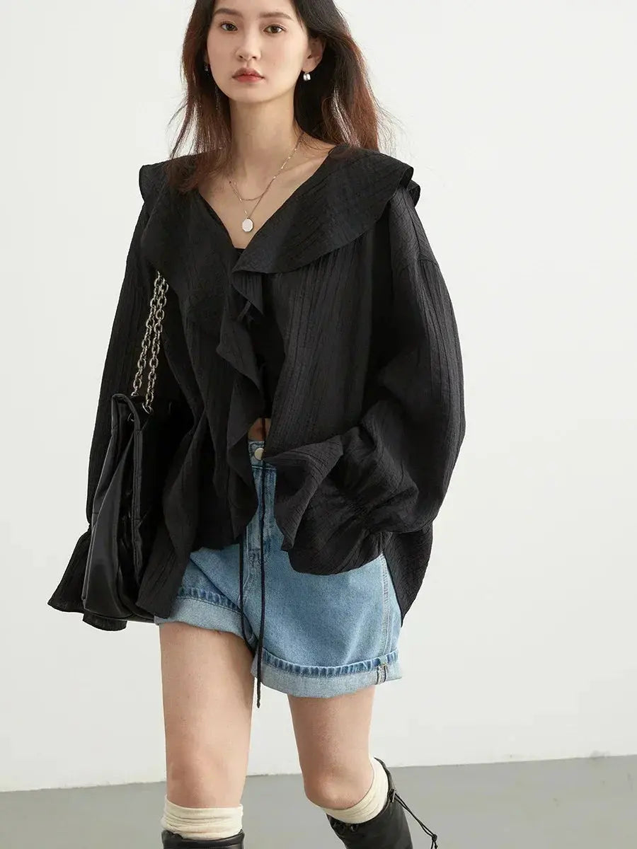 V-Neck Lace-Up Blouse with Ruffled Edges and Loose Fit