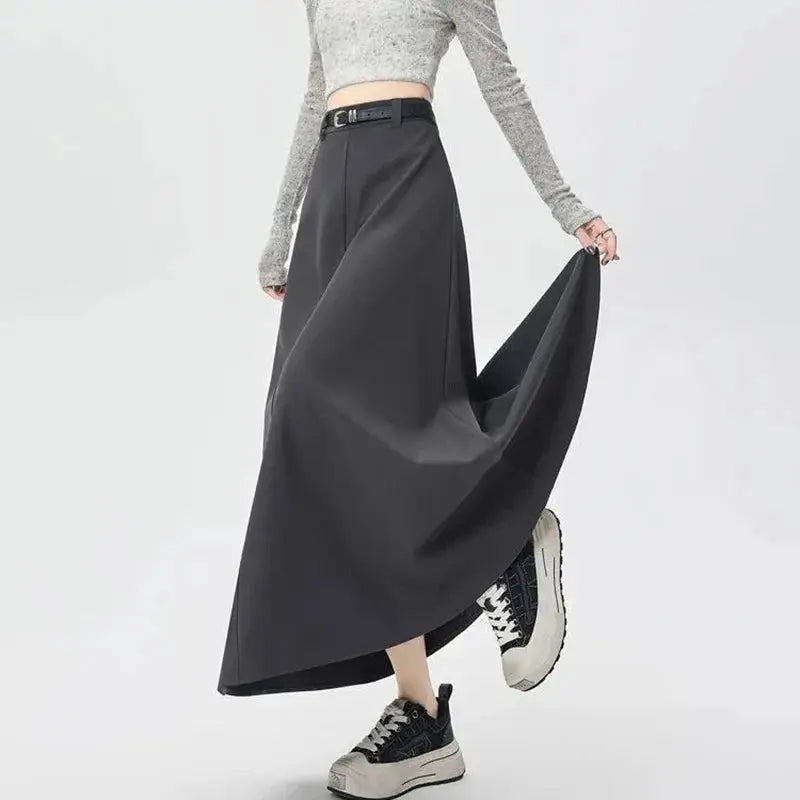 High-Waist A-Line Pleated Midi Skirt with Tie Belt