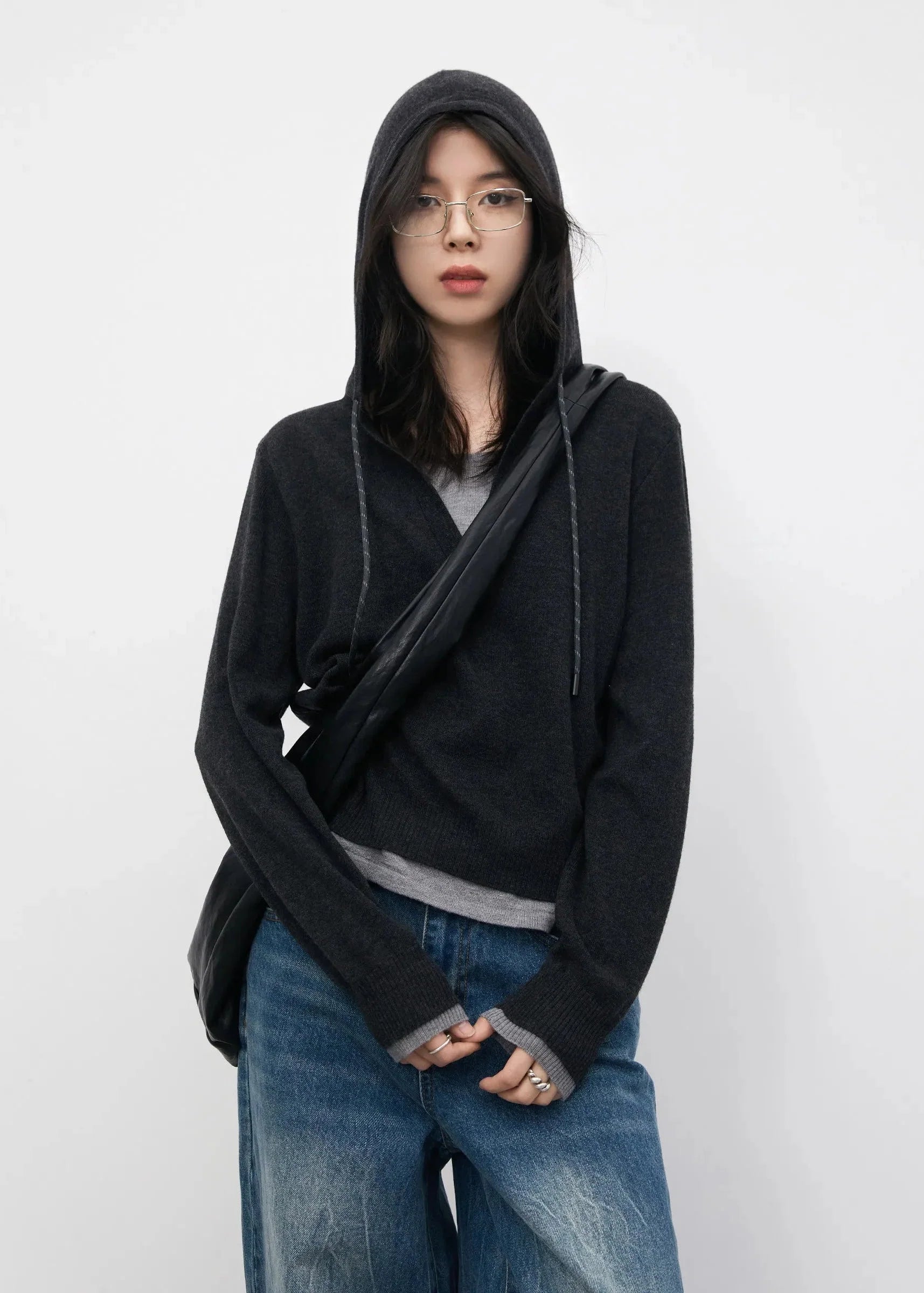 Casual Contrast Color Hooded Pullover - Loose Knit Sweater