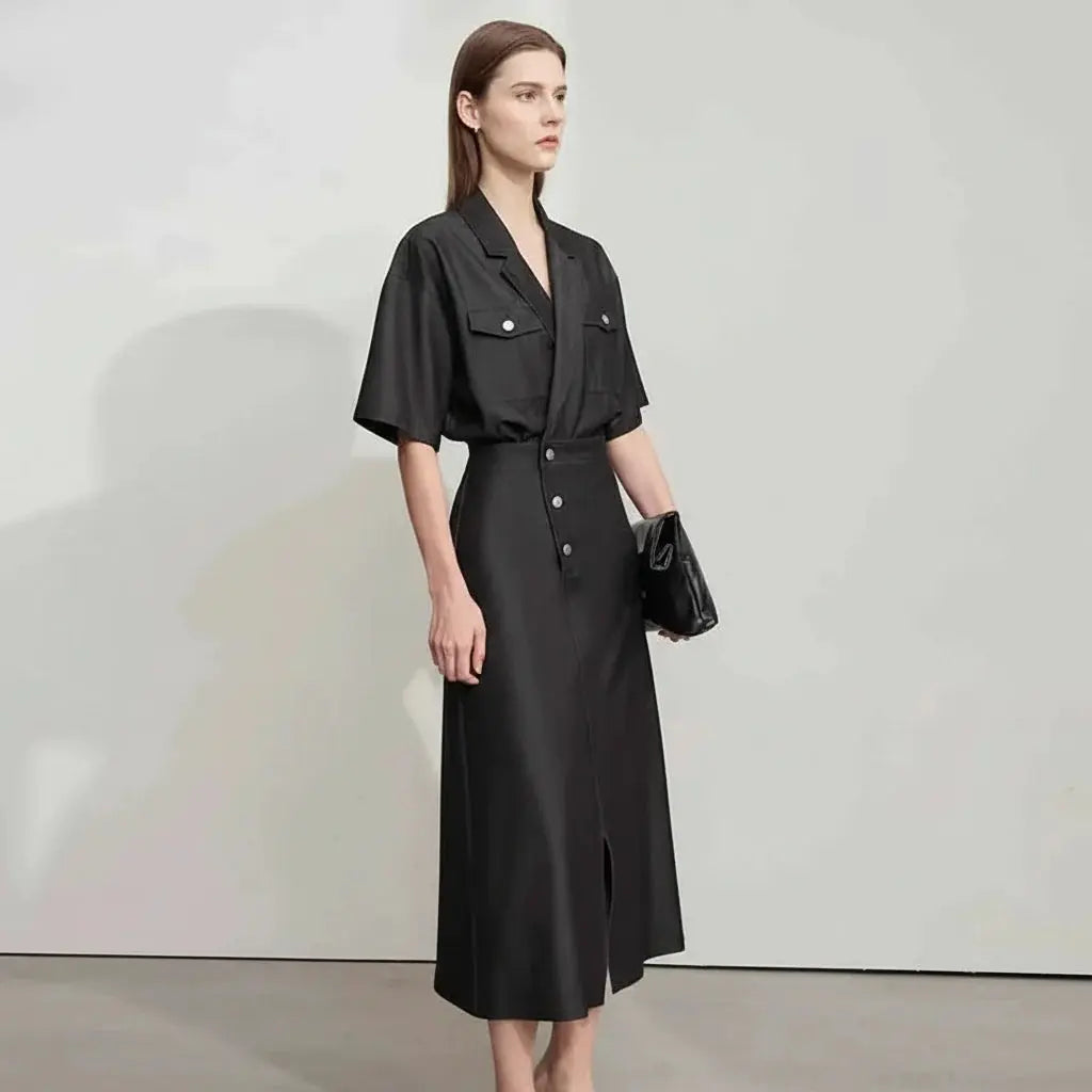 Draped Flip-Neck Denim Shirt Dress