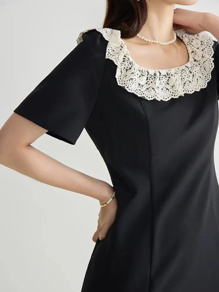 Elegant Black Lace Short Sleeve Long Dress