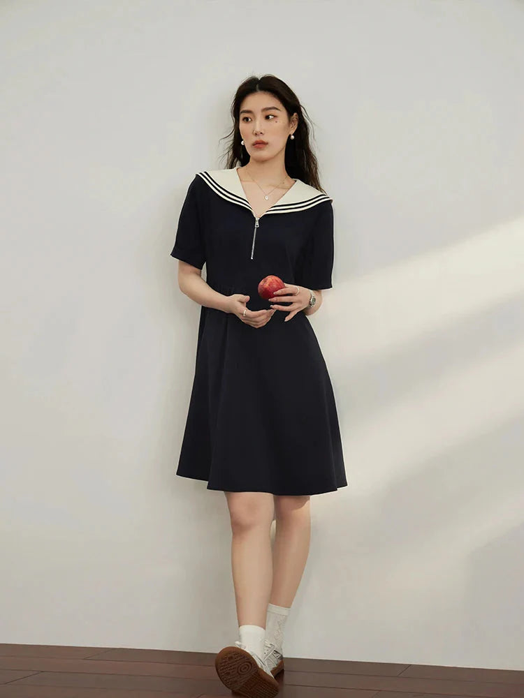 Navy Contrast Zip Dress Classic Nautical Summer Style