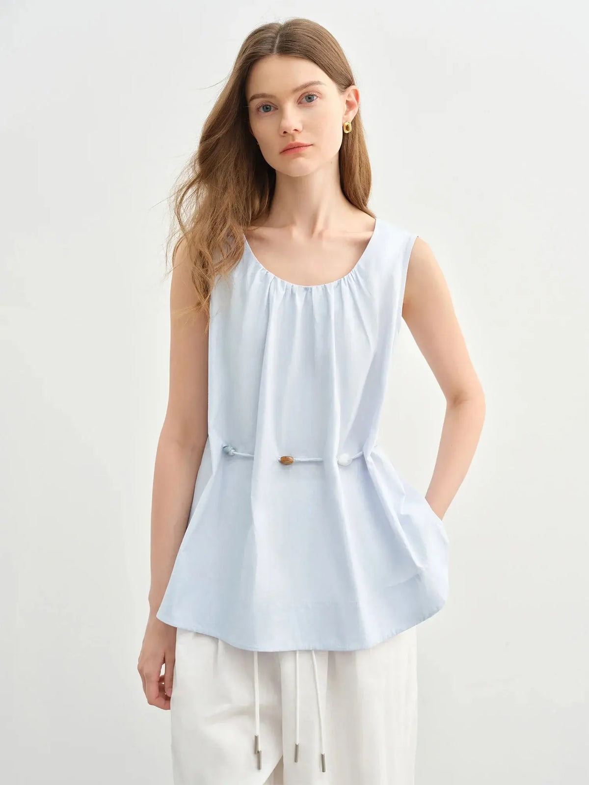 Women's Beaded Sleeveless Blue Cotton Top