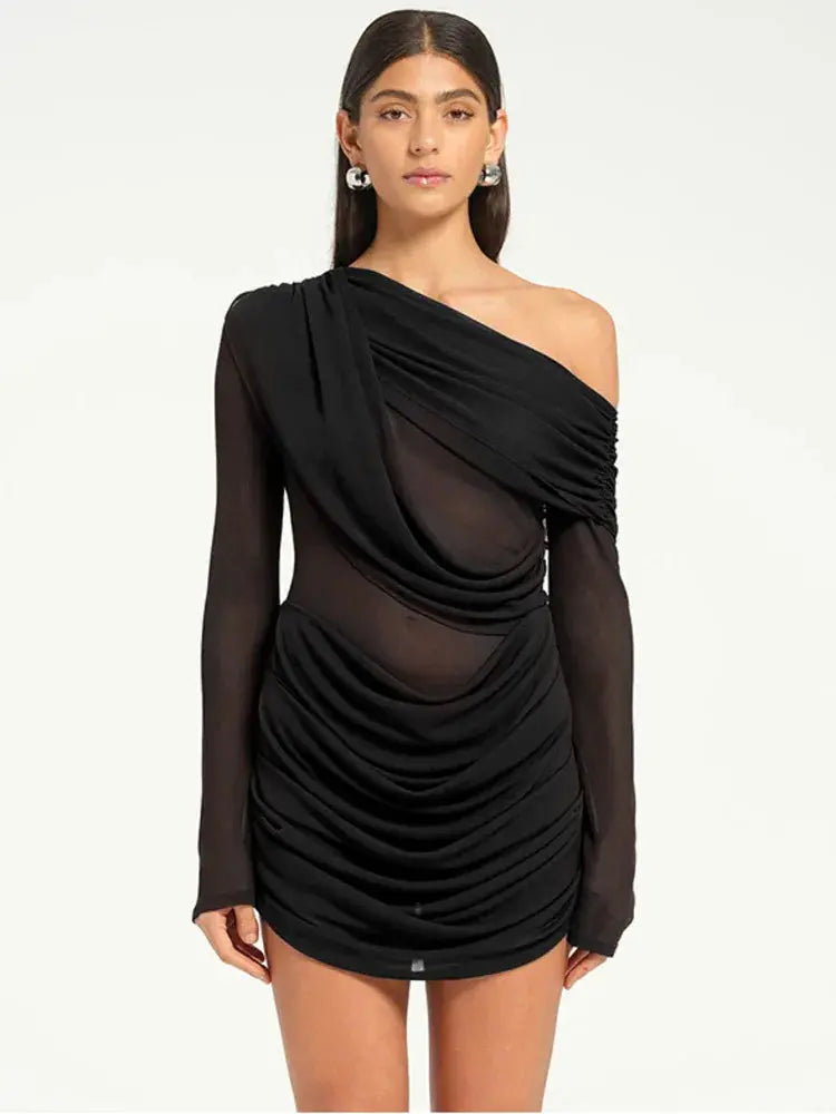 Elegant Mesh Long Sleeve Backless Mini Dress
