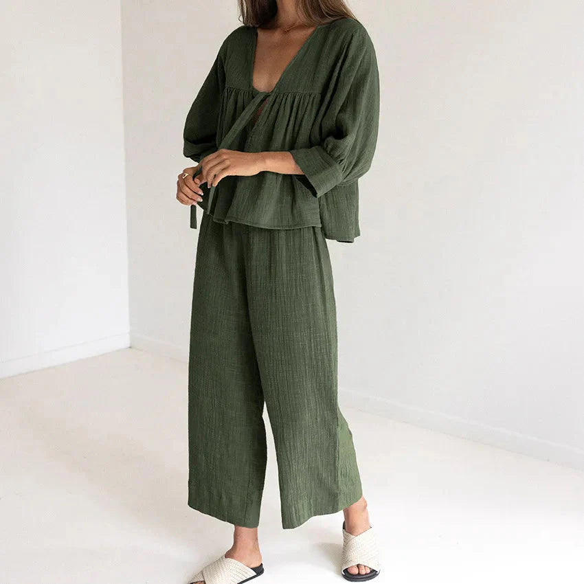 Women's Pajamas Cotton 2-Piece Set V-Neck