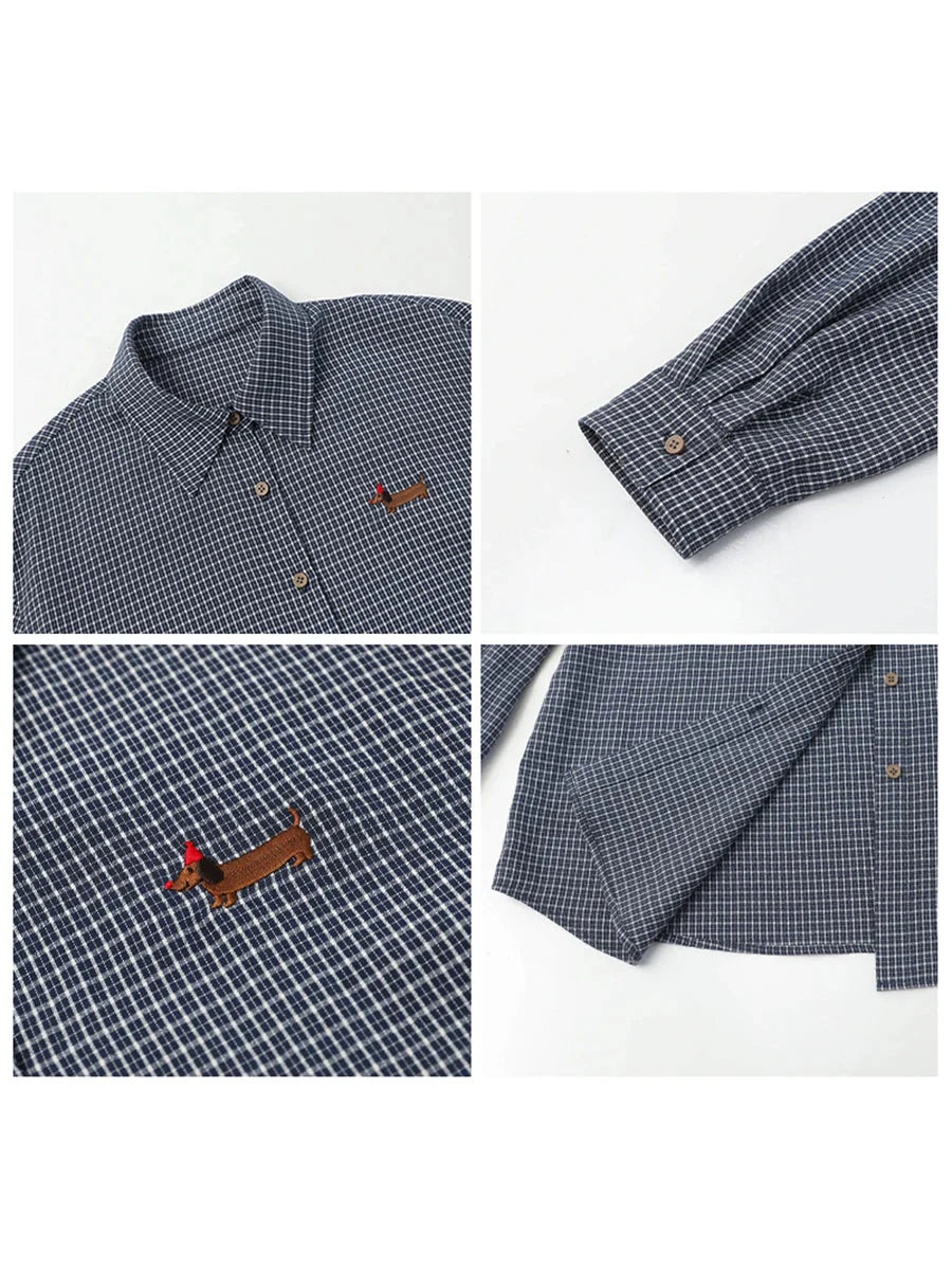 Retro Plaid Embroidered Blouse Loose Casual Long Sleeve