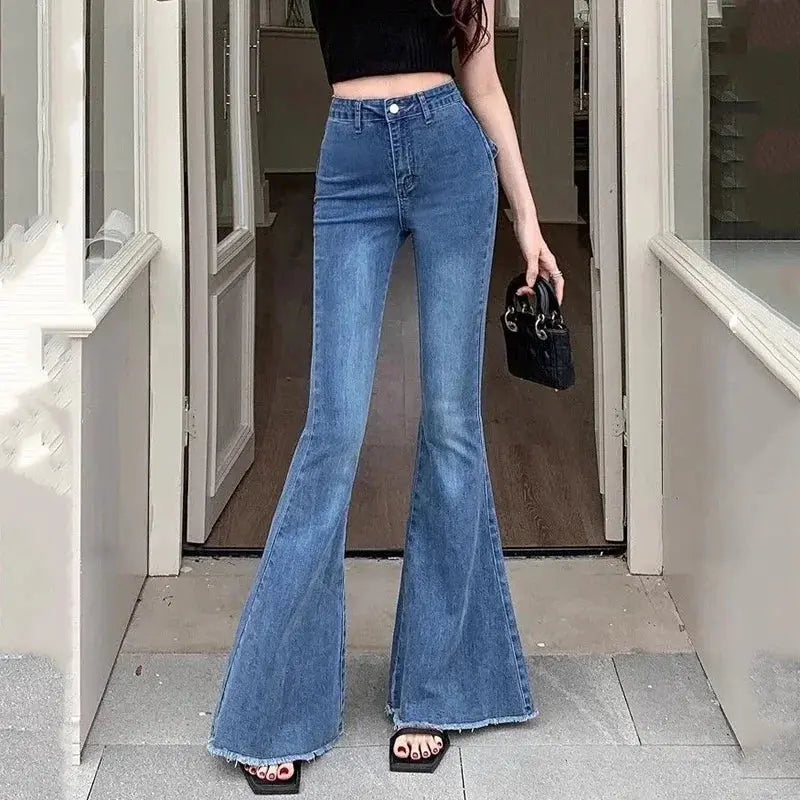 High-Waist Denim Flares with Bow Detail