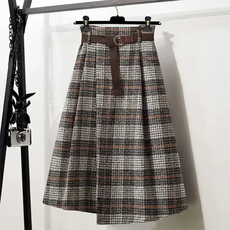 Irregular Hem Wool-Blend Plaid Midi Skirt