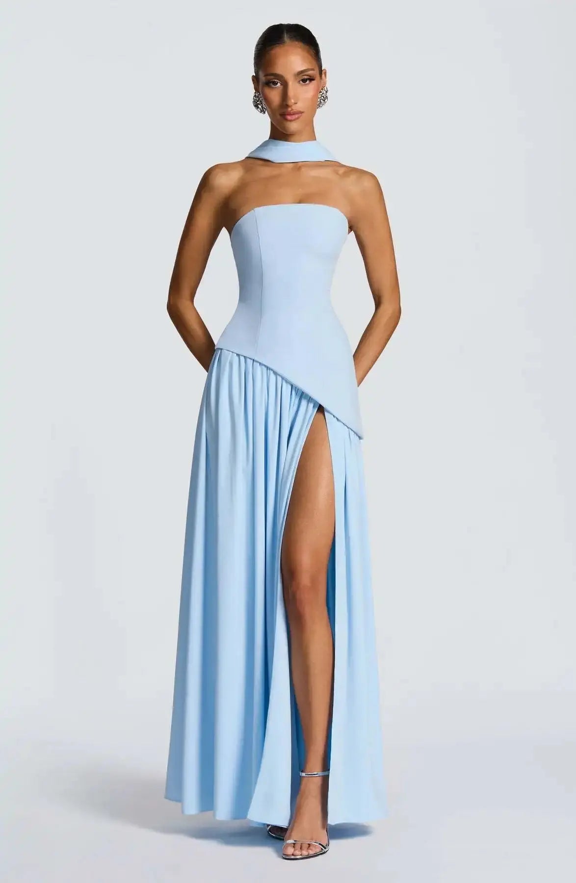 Sleek Solid Tube Top Maxi Dress with High Slit