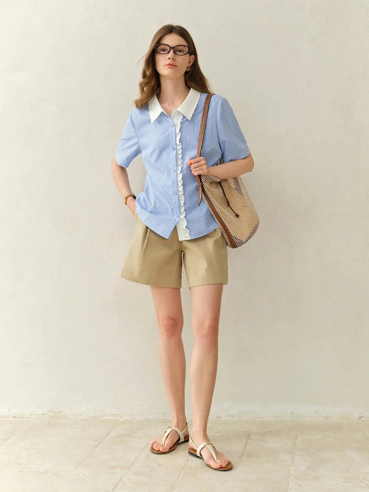 Plus Size Blue Plaid Retro Lace Shirt