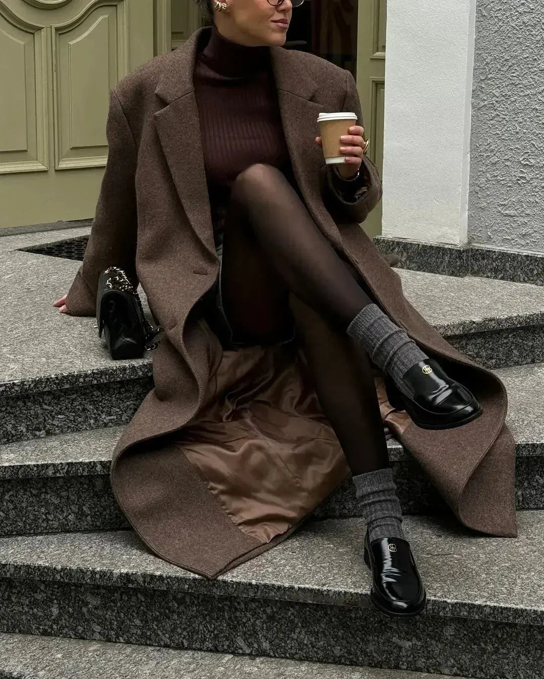Chic Wool Long Coat with Shoulder Pads