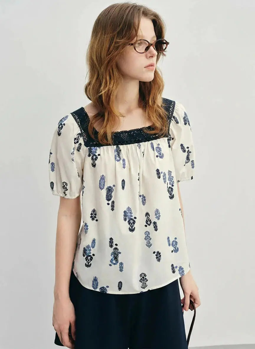 Plus Size Square Neck French Lace Short Sleeve Blouse