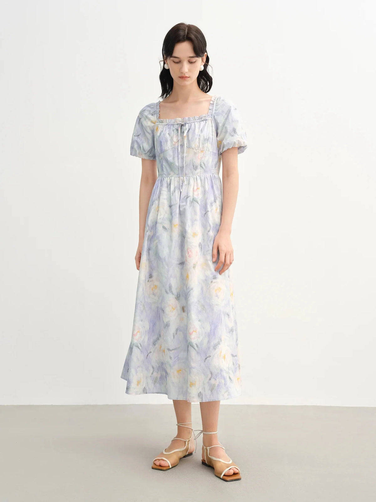 French Romantic Painting Summer Dress Sweet Waist Midi