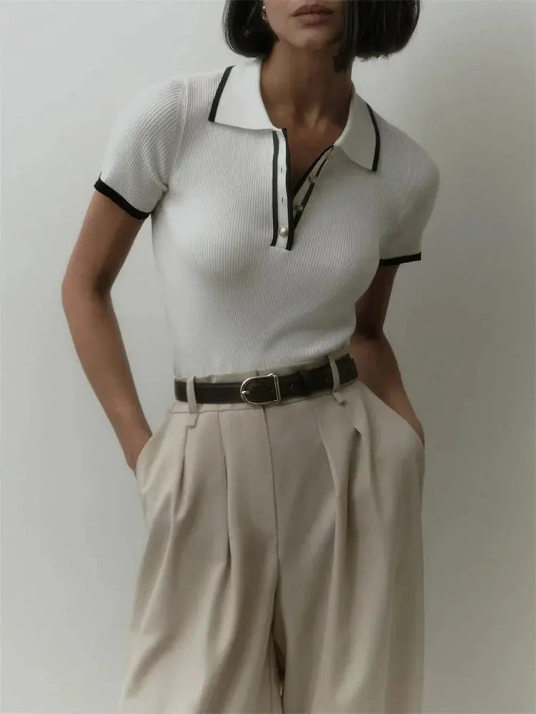 Contrast Patchwork Knit Top with Lapel Collar