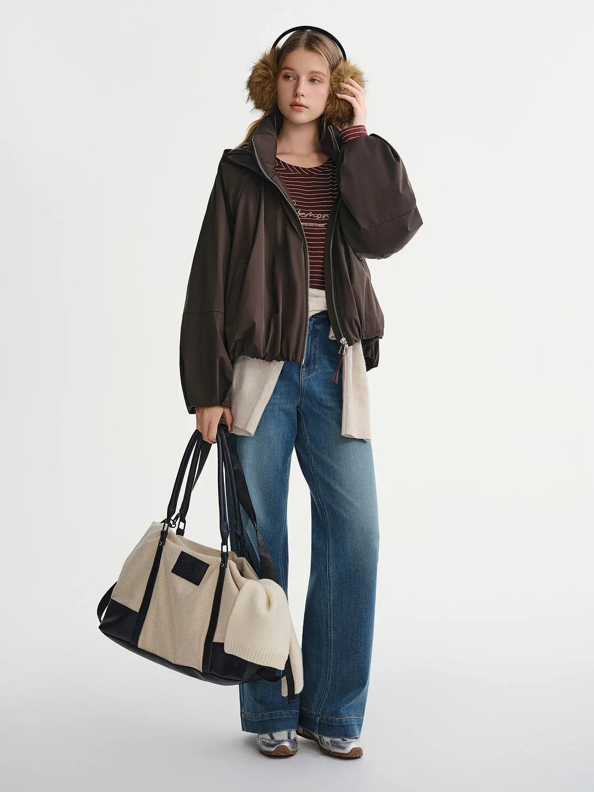 Plus-Size Pleated Hooded Down Jacket