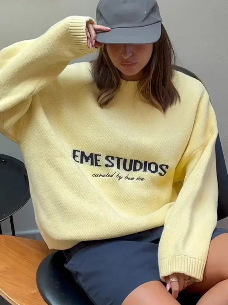 Elegant Loose-Fit Yellow Pullover Sweater for Autumn