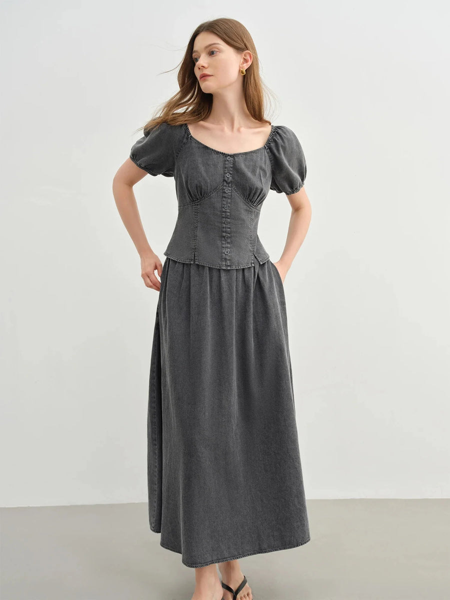 Retro Denim Suit Two-Piece High Waist A-Line Skirt Set