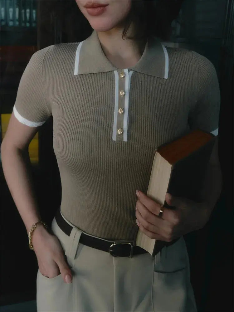 Contrast Patchwork Knit Top with Lapel Collar