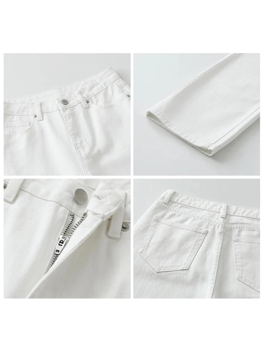 High Waisted White Cotton Pants Slim Straight Leg