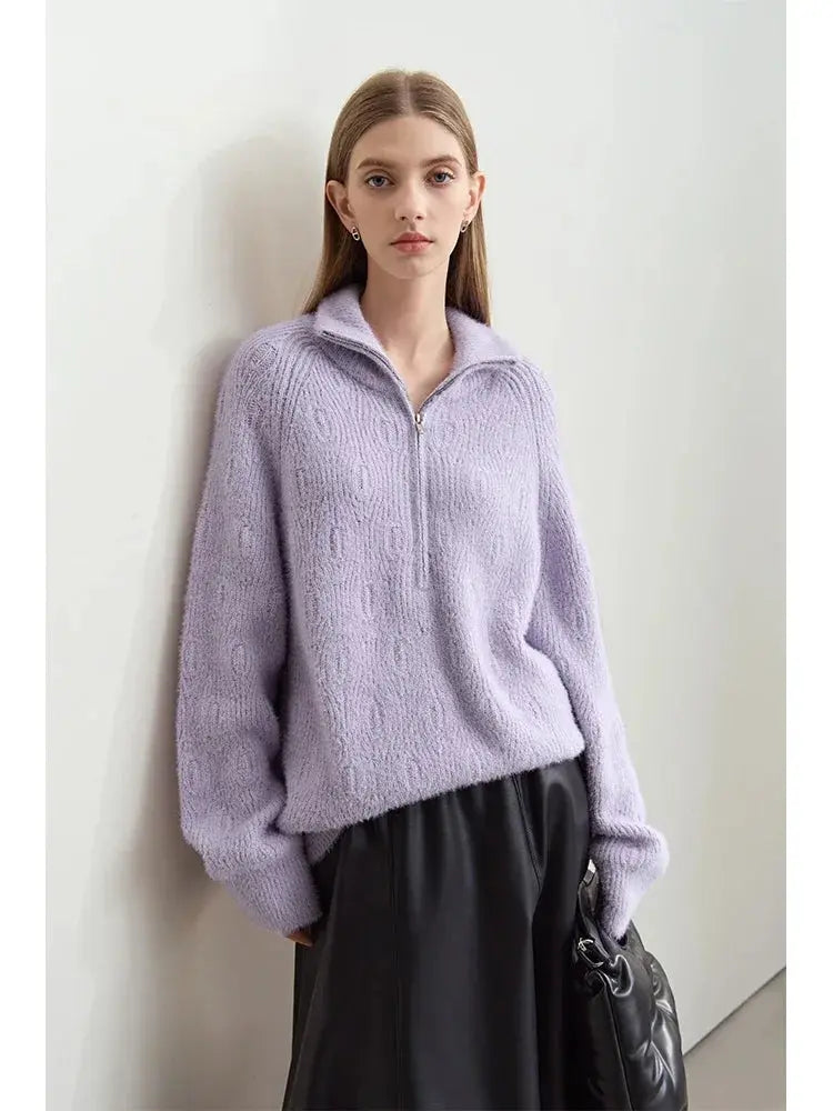 Women's Loose Fit Turtleneck Sweater with Quarter-Zip