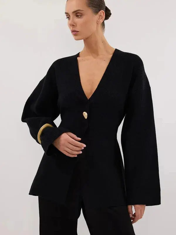 V-Neck, Buckle Closure, and Slit Detail