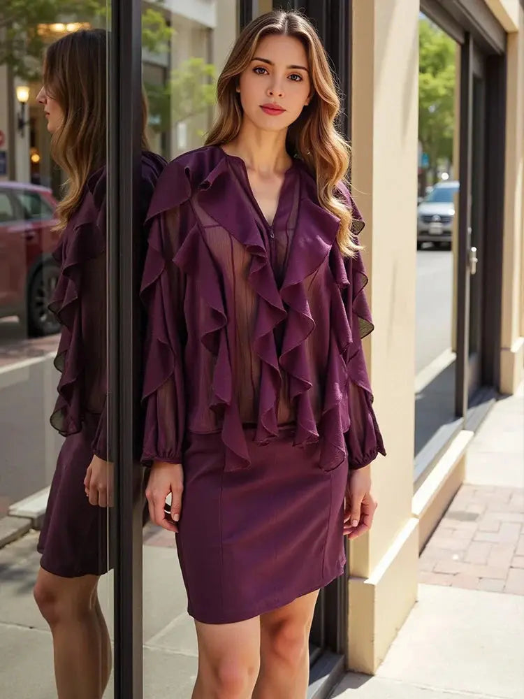 Chic Translucent Blouse with Layered Gauze and Ruffle Detail