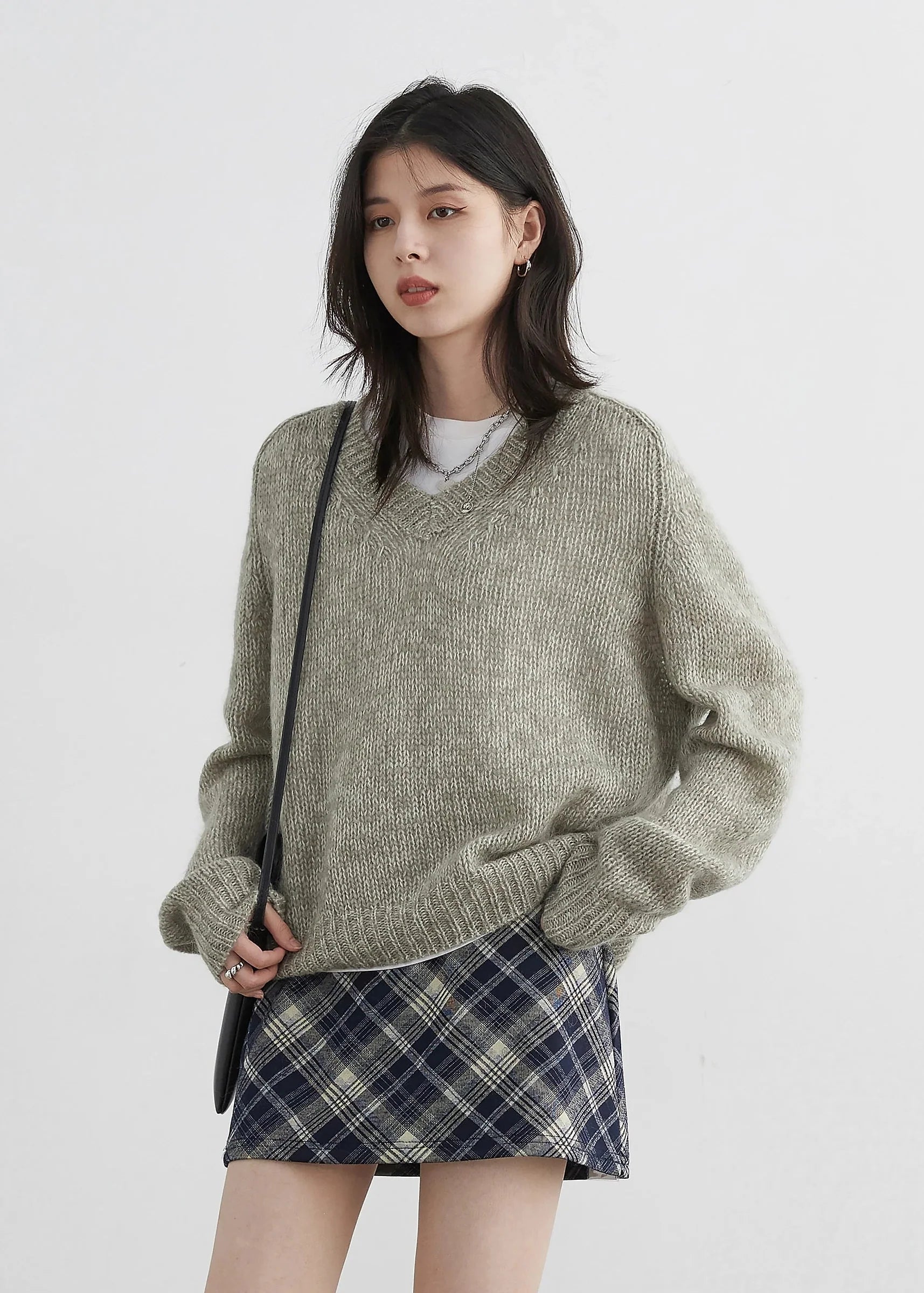 V-Neck Mohair Sweater Soft Loose Knit Pullover