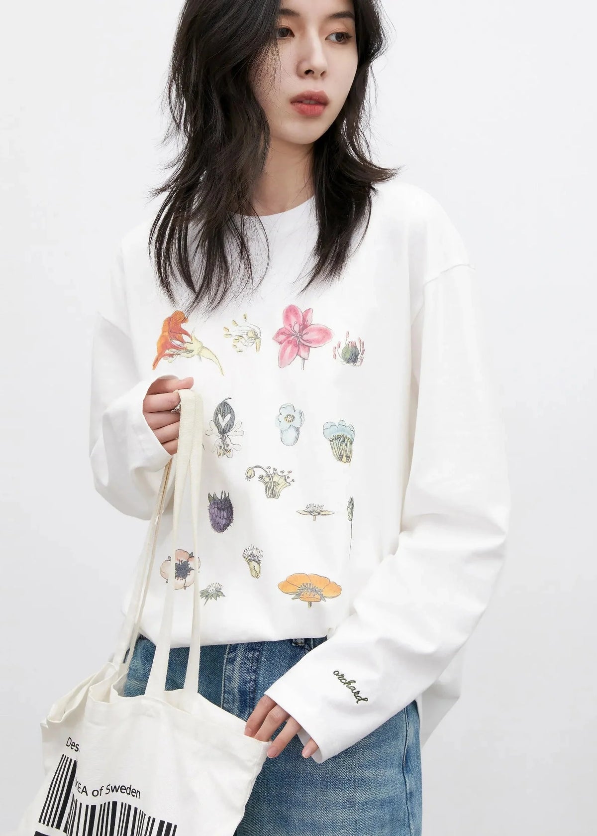 Floral & Fruit Print Long Sleeve T-Shirt Cotton Tee