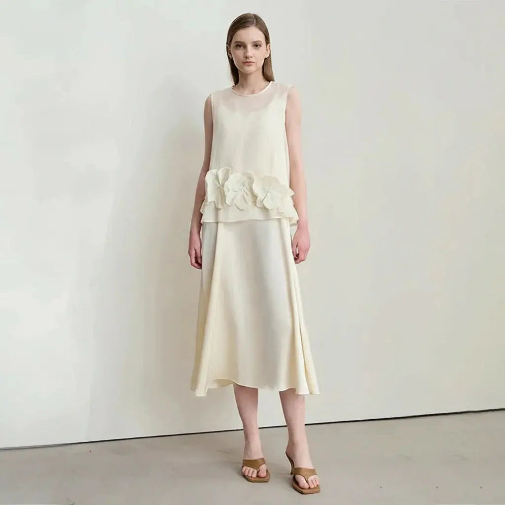 Sleek Silk Floral Ruffle A-Line Dress