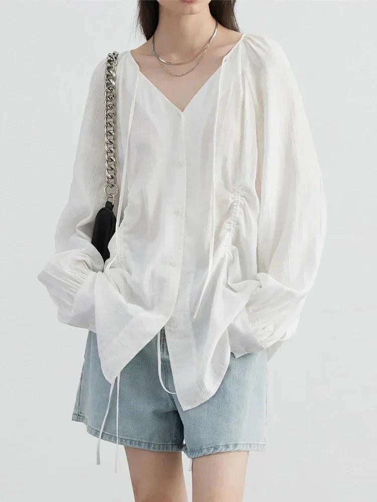 Women’s V-Neck Lace-Up Blouse Loose Pleated Spring Top