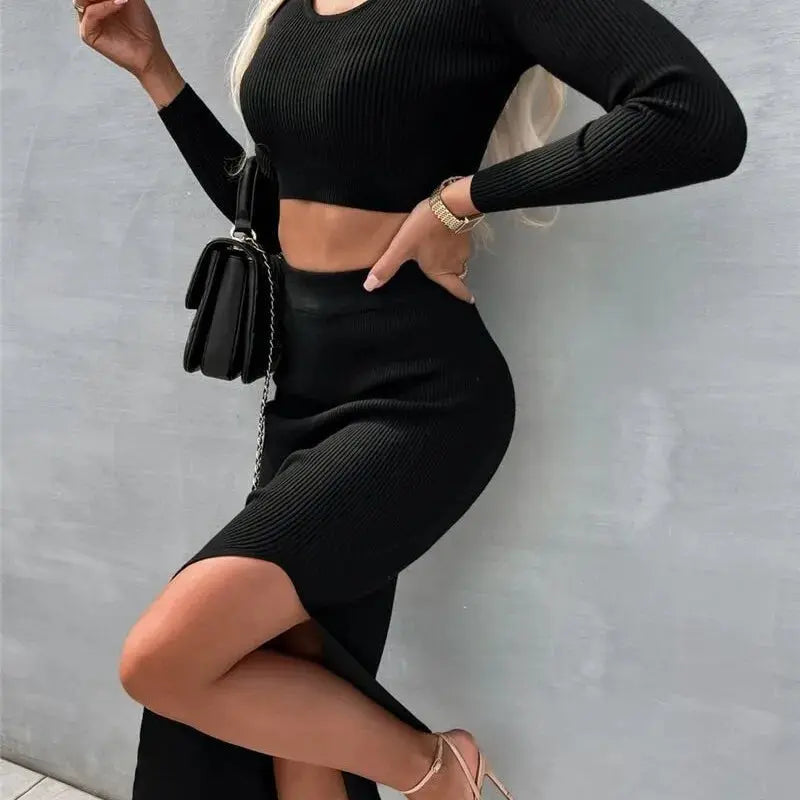 Solid Knit 2-Piece Skirt Outfit