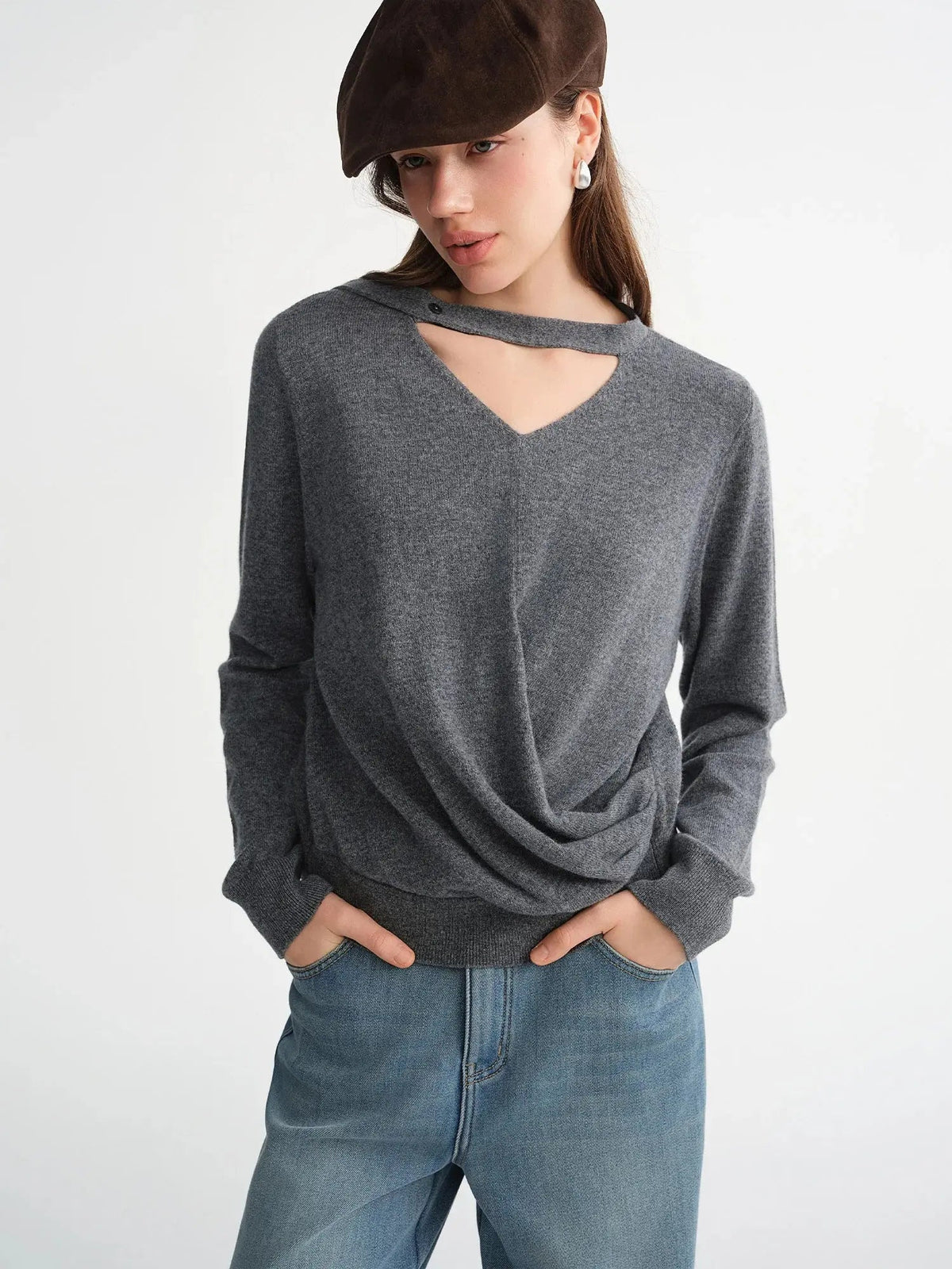 Plus-Size Floating Ribbon V-Neck Sweater