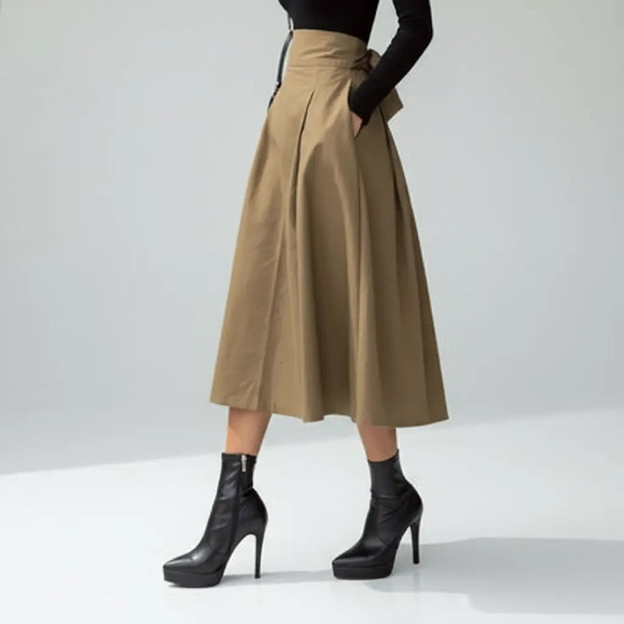 Solid Color Elegance: Slimming High-Waist Skirt with Bow Detail