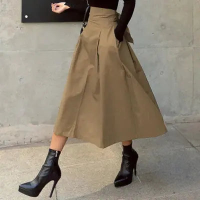 Solid Color Elegance: Slimming High-Waist Skirt with Bow Detail