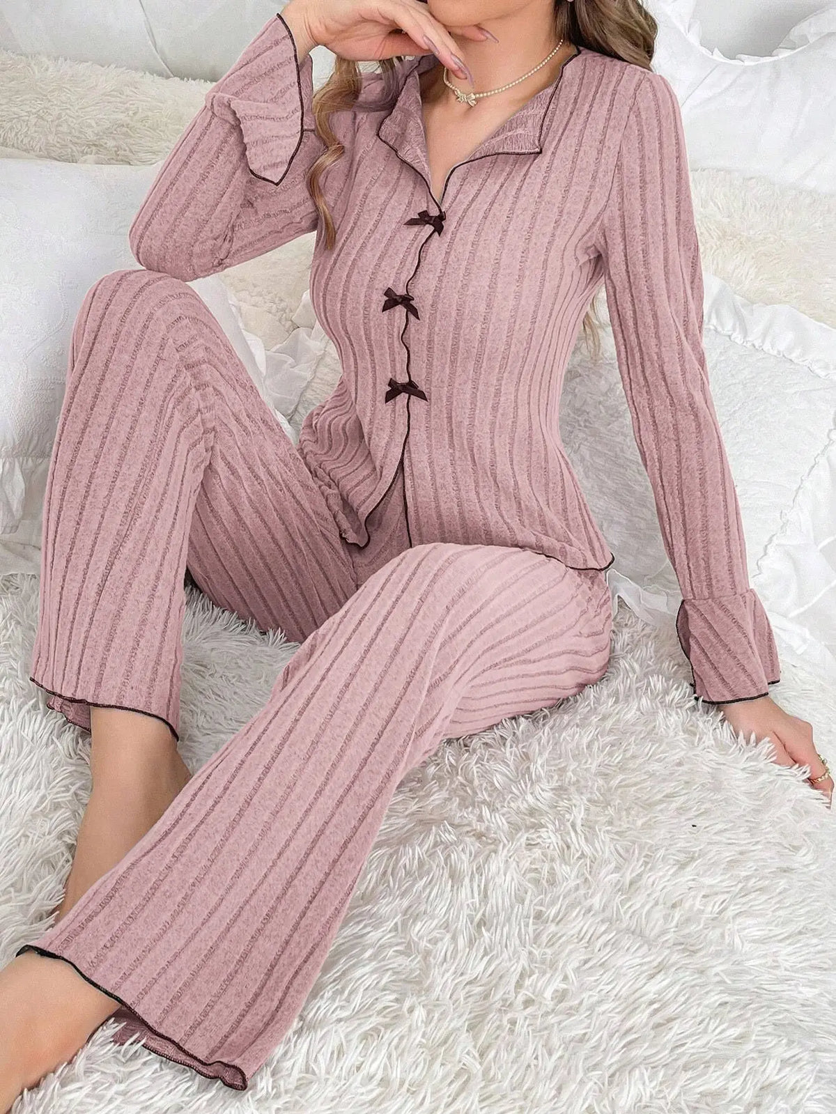 2-Piece Women's Autumn and Winter Pure Color Elegant Bow Women's Simple Long-Sleeved Pants Pajama Set Leisure home clothing