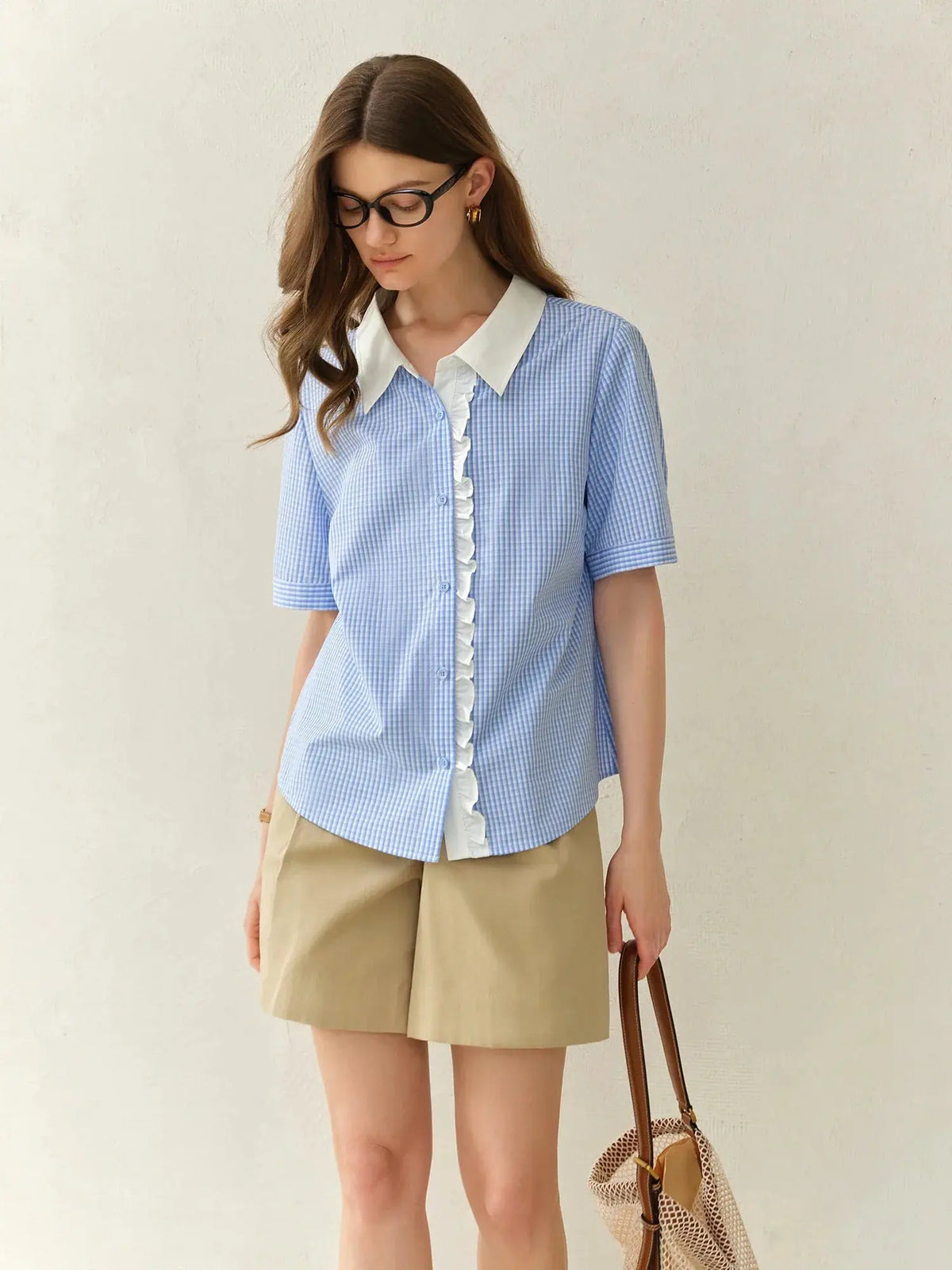 Plus Size Blue Plaid Retro Lace Shirt