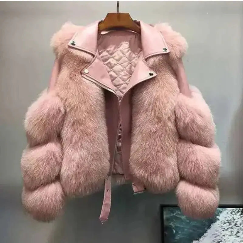 Faux Fur Jacket Patchwork Long Sleeve Pu Leather Fluffy